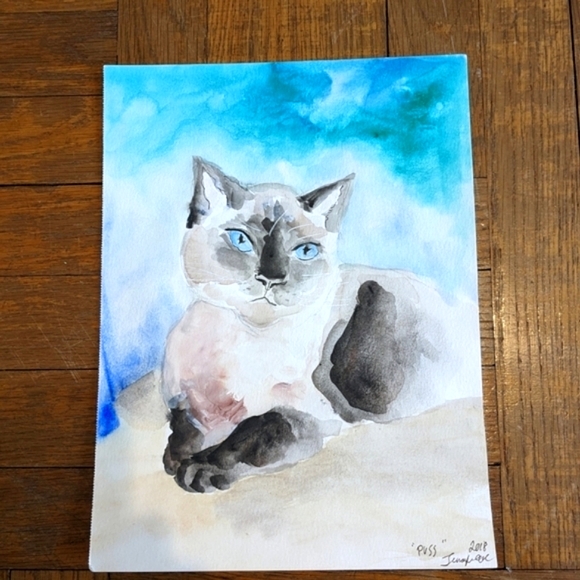 Original signed Watercolor. "Puss", Siamese cat. Pet Portrait. - Picture 4 of 9